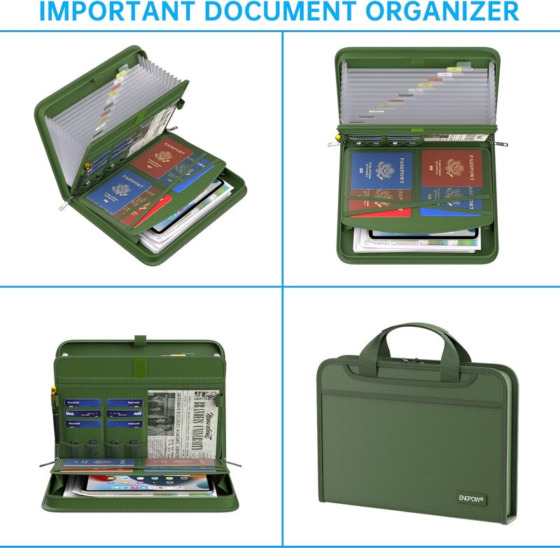 ENGPOW Accordion File Organizer,Fireproof Expanding File Folder with Multi Pockets,13 Pockets Document Organizer with Handle & Labels,Portable Home Travel Safe Storage for Letter A4 Files,Green - Image 4